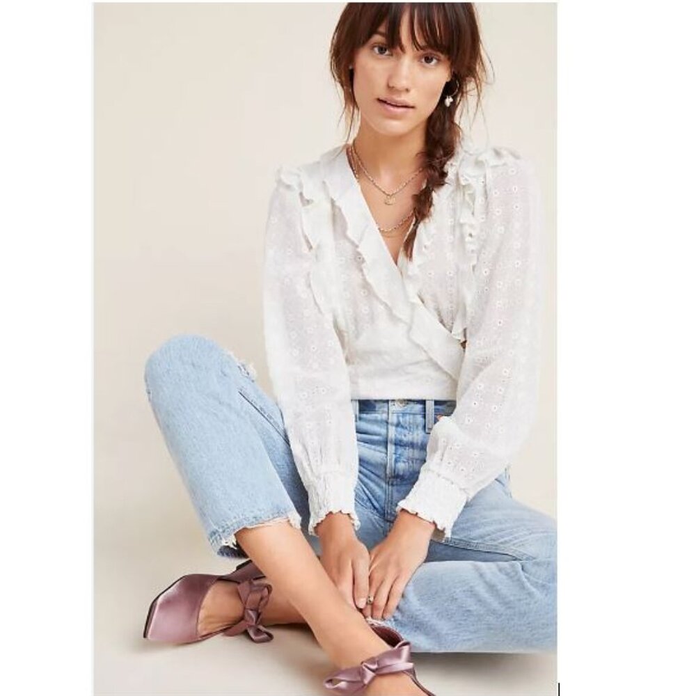 Anthropologie Laila Ruffled Blouse by Maeve in Ivory - Size 6